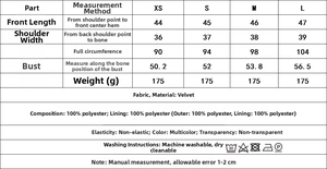 Detailed size guide for velvet embroidered vest with sequin decor from XS to L
