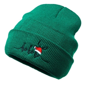 Christmas Knitted Beanie Hat Acrylic Reindeer Antler Hohoho Embroidery Winter Warm Holiday Party For Men Women