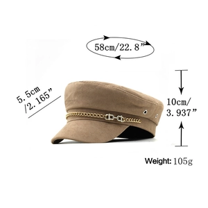Khaki cotton baker boy hat with golden metal chain and sparkling buckle detail