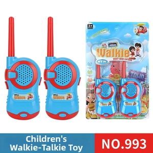 Kids walkie talkie set with blue and red units next to plastic blister pack display