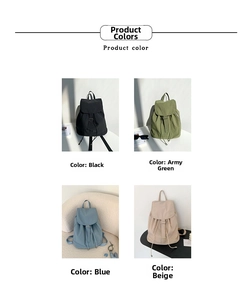 Dettagli dello zaino in nylon in quattro colori: nero, verde oliva, blu e albicocca