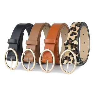 Women's leopard print and solid PU leather belts with gold oval buckles set of four