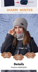 Detail showing the thick plush lining and thermal knit fabric of this winter hat set