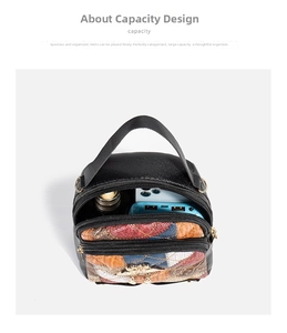 Top view of mini multi-pocket backpack showing large capacity and colorful patchwork