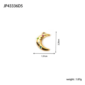 Macro view of a 18k gold plated moon pendant with colorful rhinestones and size details