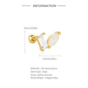 Macro detail of S925 silver gold stud earring with marquise opal and AAAAA zircon