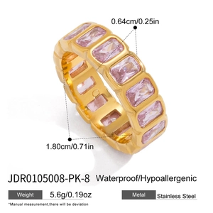 Anillo de acero inoxidable dorado con circonitas rosas corte baguette y dimensiones