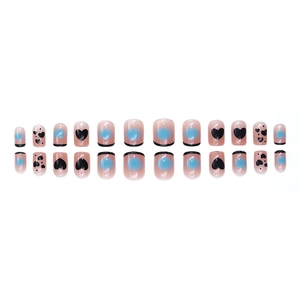 French blue blush press-on nails with black hearts and tips, 24-piece full set