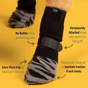 Macro shot of anti-slip dog socks with thick rubber tread and secure fixing straps