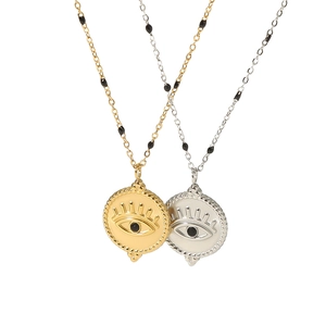 Stainless steel 18k gold evil eye pendant necklace set with zircon and black beads