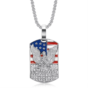 Silver stainless steel hip hop necklace with American flag eagle pendant and rhinestones