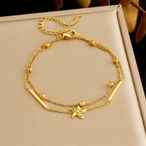 Layered Bracelet Gold Plated Stainless Steel With Zircon Seastar Pendant Beads And Bars Delicate Fashion Jewelry For Women