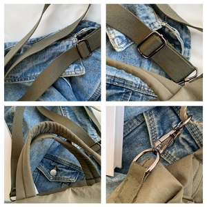 Detailed views of army green nylon bag featuring reinforced stitching and metal hardware