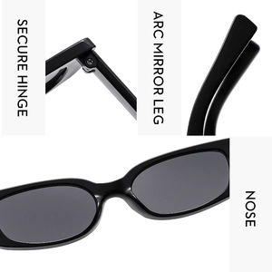 Detail view of secure hinges, arc mirror legs, and nose pads of black square sunglasses