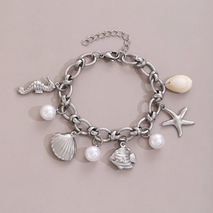 Bracelet À Breloques Thème Océan Acier Inoxydable Hippocampe Étoile De Mer Coquillage Et Künstliche Perle Ajustable Pour Femmes Bijoux De Plage D'été