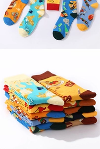 Close-up of crew socks featuring creative food patterns like beer and pasta