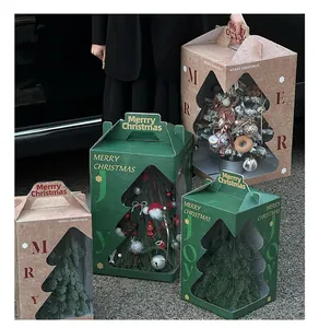 Detailed Christmas tree gift box with window design and festive holiday ornaments