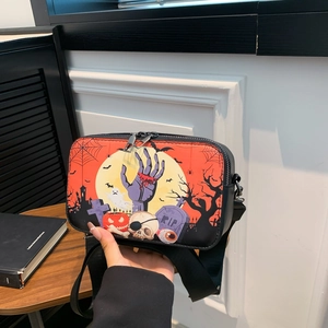 Petit Sac Carré Imprimé Halloween Femme Bandoulière en Cuir PU Imprimé Gothique Citrouille Sorcière Squelette Épaule Fête