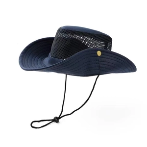 Dark blue breathable mesh sun hat with adjustable chin strap and wide brim for fishing