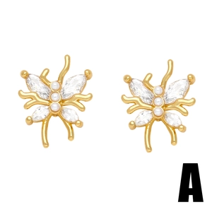 Golden butterfly stud earrings featuring white marquise zircon wings and mini pearls