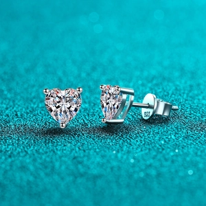 Classic 925 sterling silver heart-shaped stud earrings with white moissanite stones