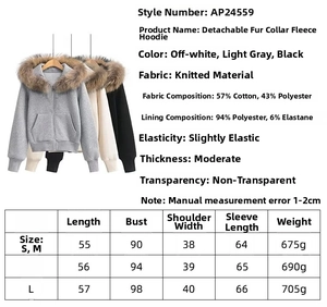 Size chart for fleece hoodie with detachable fur collar showing measurements and fabric specs
