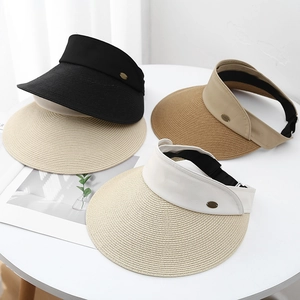 Women straw open top sun hat with large brim and metal logo in multiple colors