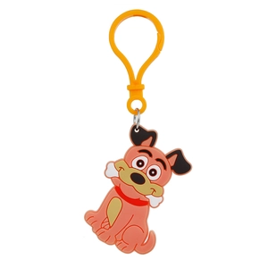 Detail view of a cute red cartoon dog PVC keychain with an orange carabiner and bone