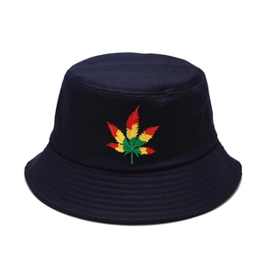 Navy blue cotton bucket hat with colorful gradient leaf embroidery for outdoor style