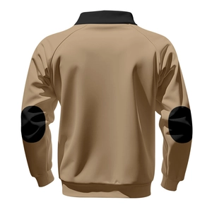 Detail view of khaki casual sweatshirt featuring black stand-up collar and elbow patches