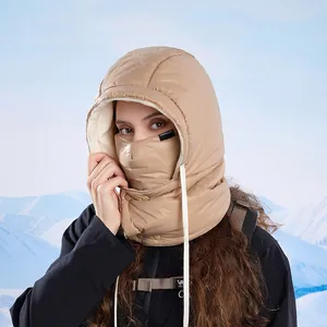 Winter fleece-lined hooded scarf with face mask for women in beige outdoor ski style