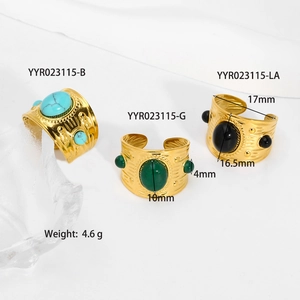 Detail of vintage gold-plated titanium ring with turquoise and wave texture engravings
