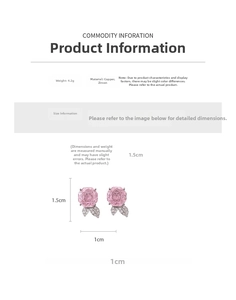Detail showing dimensions of pink rose earrings made of copper and zircon stone
