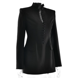 Detail of black slim-fit blazer dress with single-breasted buttons and flap pockets