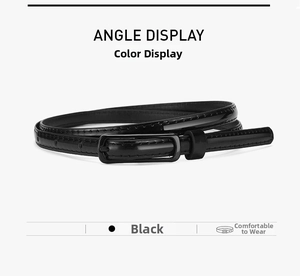 Detail view of glossy black skinny faux leather belt with minimalist pin buckle