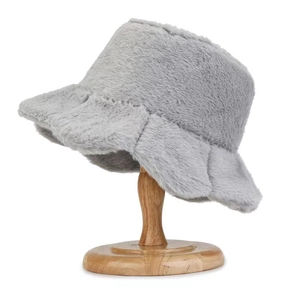 Detailed close-up of a grey plush bucket hat showing its soft, thick faux fur texture