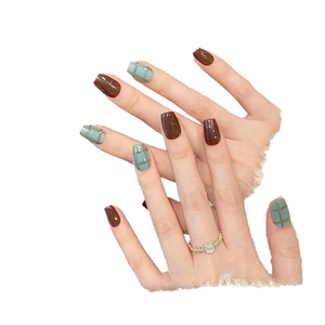 Glossy chocolate brown and blue plaid press-on nails in square oval shape for women