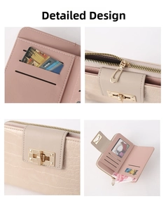 Detail design of women's long wallet showing card slots and stone pattern PU leather texture