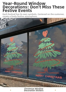 Detail of Christmas tree window stickers with red hearts and Merry Christmas text decor