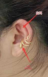 Detailed close-up of a golden snake-shaped ear cuff with textured scales on the left ear