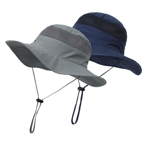 Detail of grey and navy sun hats with mesh breathable band and adjustable chin strap
