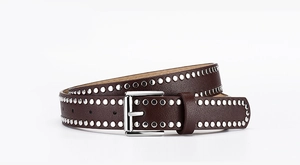 Detail of a dark brown PU leather belt featuring double rows of silver studs and pin buckle
