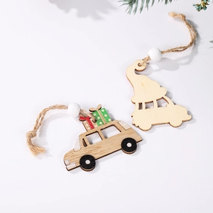 Detail view of a handcrafted wooden Christmas tree pendant in a cartoon car design