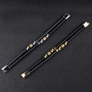 Men's double-layered black braided leather bracelet with silver and gold magnetic clasps