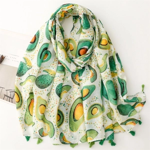 Women Lightweight Avocado Print Scarf Voile Shawl With Tassels Summer Sun Protection Wrap For Travel Beach Decorative Accessory