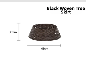 Detailed dimensions of black faux rattan Christmas tree skirt with 65cm base and 21cm height