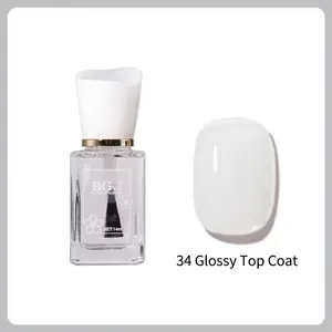 Detail of 14ml transparent top coat nail polish bottle showing glossy clear finish effect
