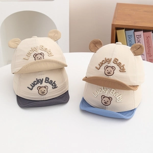 Breathable baby sun hat with cute 3D ears and Lucky Baby embroidery in four pastel colors
