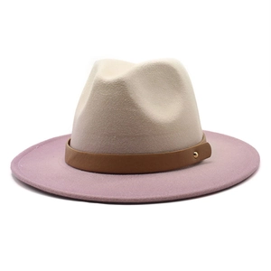 Two-tone felt fedora hat in ivory and lavender with a brown leather decorative band