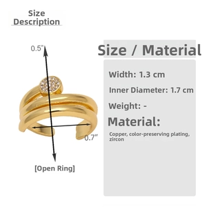 Detailed size chart showing 1.7cm inner diameter and gold plated irregular ring specs